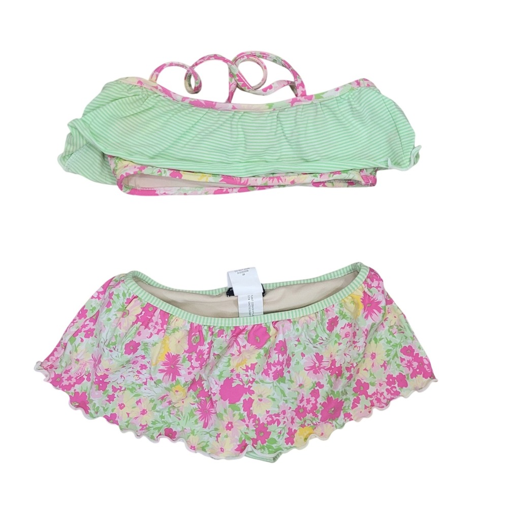 Ralph Lauren Girls Pink Green Floral Striped Ruffle Skirted Bikini Swimsuit 6